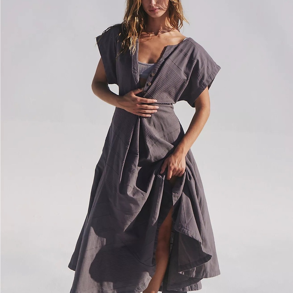 Free People Outta Here Bohemian Summer Elegant White Midi Button Textured Dress - Picture 6 of 7
